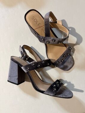 Sole Society Silver-Gray Velvet Block Heel Sandals with Beaded Straps